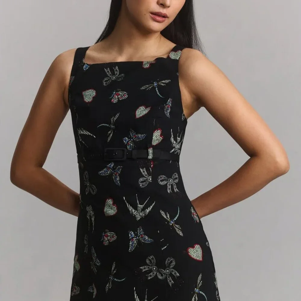 NWT Anthropologie Maeve Boat Neck Belted Mini Dress Jewelry Print Size 0 - Picture 4 of 5